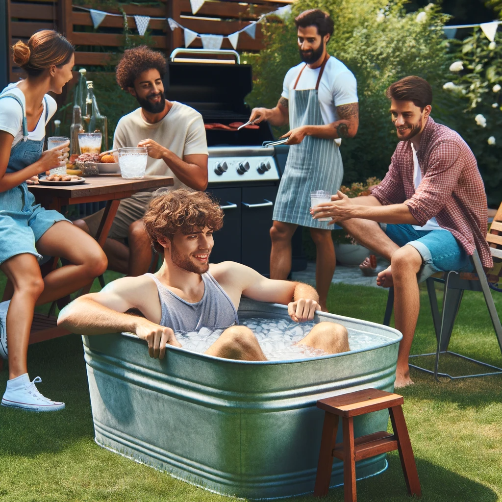 David dans un bain de glace dans un jardin avec trois amis, deux faisant un barbecue et un discutant, lors d'une réunion décontractée ensoleillée dans le jardin