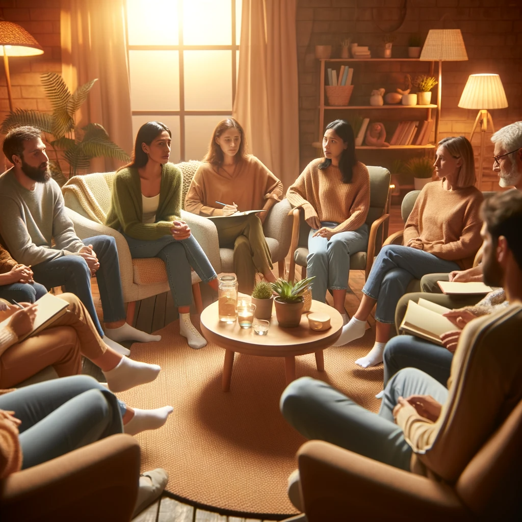 Séance de thérapie de groupe chaleureuse avec des individus divers assis en cercle, participant à des discussions sincères. La pièce offre une ambiance accueillante avec un éclairage doux, des chaises confortables et une décoration chaleureuse, favorisant un environnement sûr et nourrissant pour une communication ouverte et une écoute empathique.